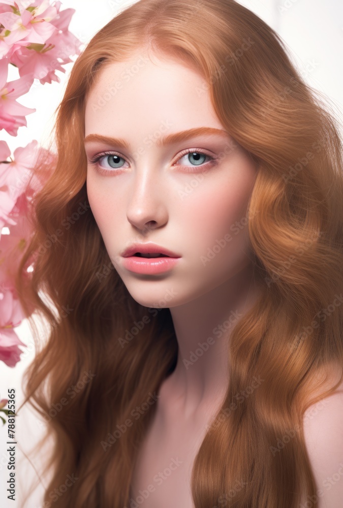 Fototapeta premium A woman with long brown hair is surrounded by pink flowers