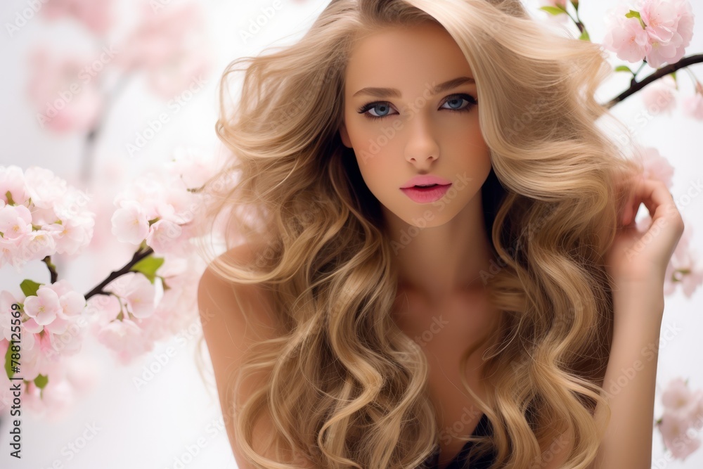 A woman with long brown hair is posing in front of a pink bush A woman with long brown hair is posing in front of a pink bush