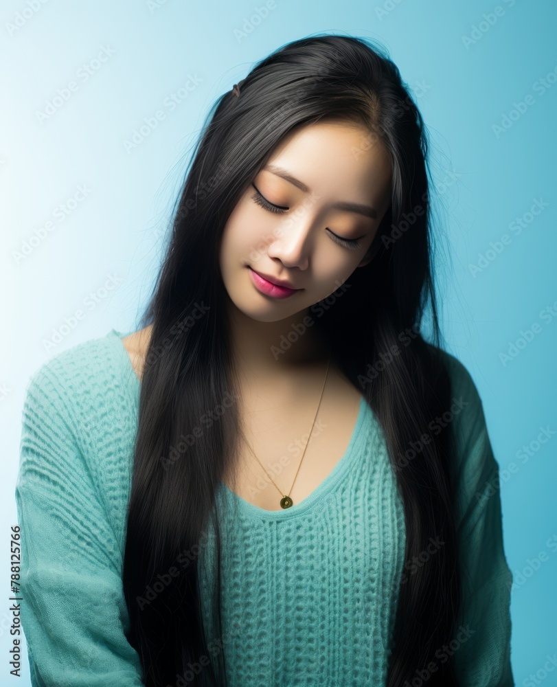A woman with long black hair is wearing a green sweater and a gold necklace A woman with long black hair is wearing a green sweater and a gold necklace