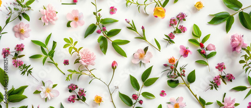 The beautiful spring season features various blooming flowers, scattered green leaves, and flower petals arranged neatly on a white background created with Generative AI Technology © AstraNova