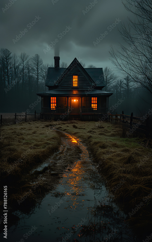 Mysterious Gothic House in Grassy Field: Illuminated by Window Light Mysterious Gothic House in Grassy Field: Illuminated by Window Light