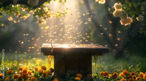 wooden podium on grass, surrounded by large beehives on branches. The wooden podium has fresh honey dripping down onto the wooden floor. The atmosphere is early morning. Generative ai photo