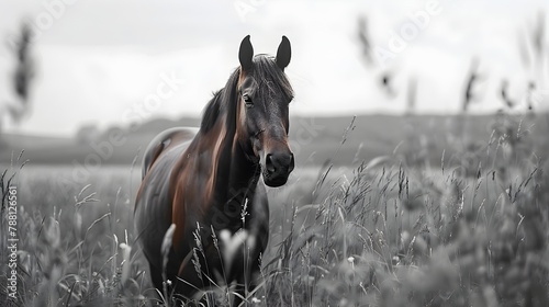 Lone Equine in Monochromatic Meadow Captivating Rural Landscape Photography