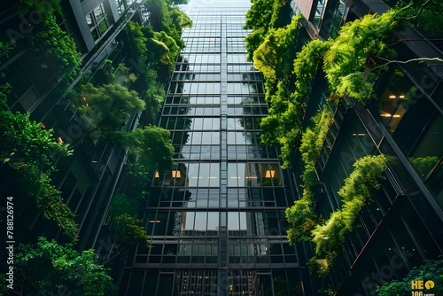 Lush Greenery Enveloping a Sustainable Urban Office Building from a Unique Low Angle Perspective