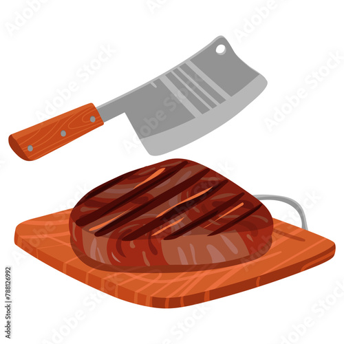 Wooden cutting board for slicing grilled meat with a large knife. Ready-made barbecue dish. Ideal for demonstrating recipes, cooking tips, advertising dishes, cooking tutorials. Vector illustration