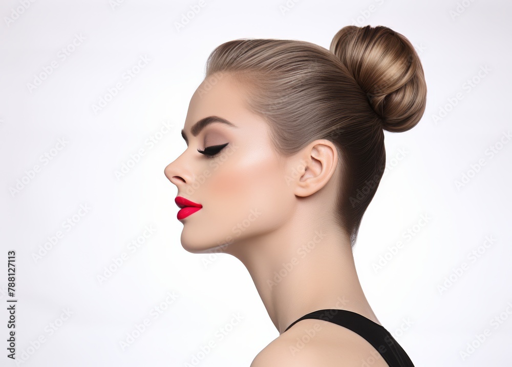 A woman with red lips and a bun hairstyle A woman with red lips and a bun hairstyle
