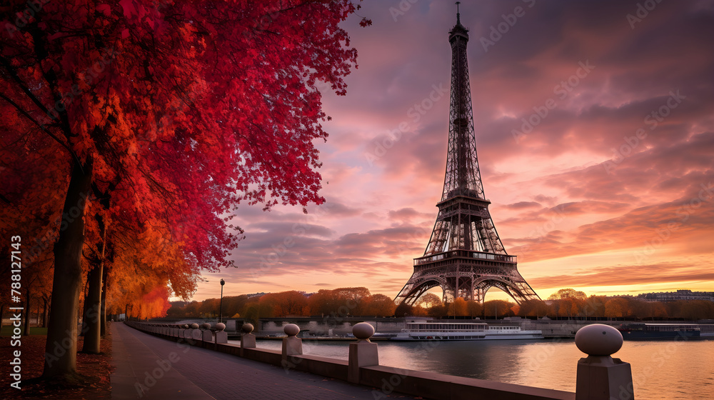 Splendid Twilight View of the Eiffel Tower Dominating the Picturesque Parisian Cityscape during Autumn