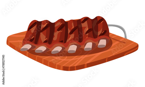 Grilled ribs lie on a wooden chopping board. Barbecue meat tenderloin with rib bones. Suitable for barbecue restaurant menus, cooking blogs, recipe cards and food advertisements. Vector illustration