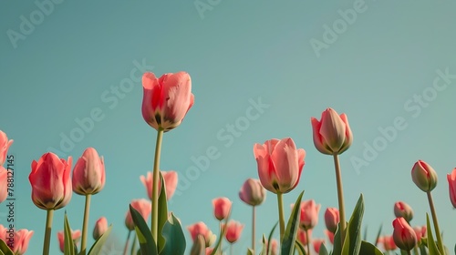 Minimalist Tulip Field Blossoms Under Serene Blue Sky Natural Beauty and Simplicity in Spring Landscape