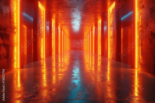 An intense orange glow floods this corridor, creating a warm and inviting pathway lined with lights