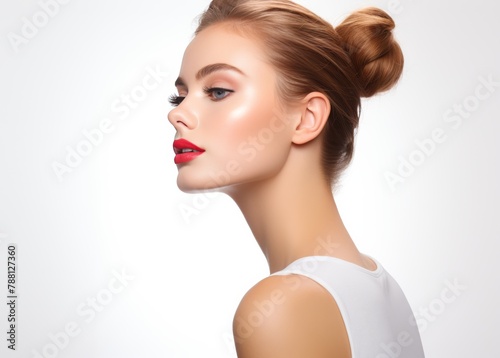 A woman with red lips and a bun hairstyle