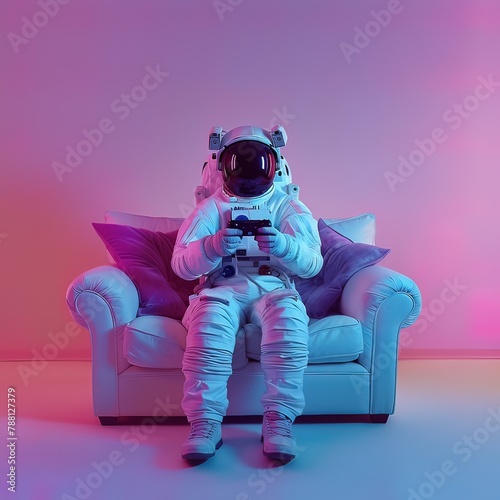 AI generated image, concept photo shot of an Astronaut playing video game on sofa, relaxing