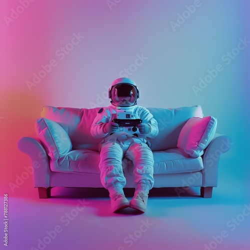 AI generated image, concept photo shot of an Astronaut playing video game on sofa, relaxing, 