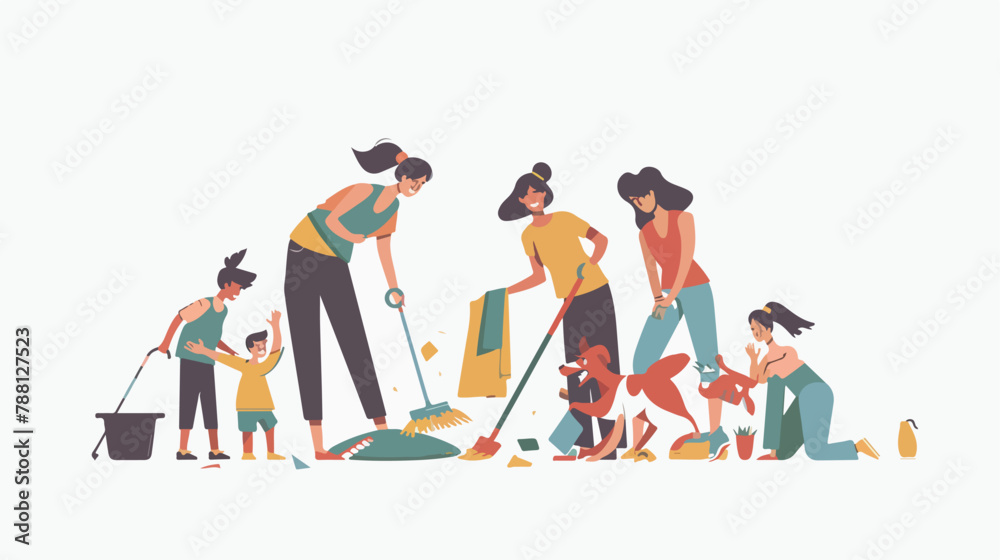 Smiling diverse family doing housework together vector