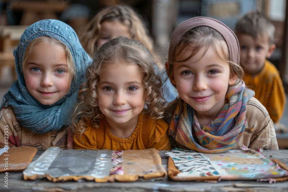 A group of children wearing traditional headscarves smile at a historical reenactment or cultural event A group of children wearing traditional headscarves smile at a historical reenactment or cultural event
