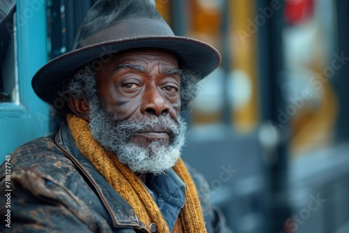 An elderly man with a beard and hat has a thoughtful expression, contrasting against a colorful, blurred urban backdrop