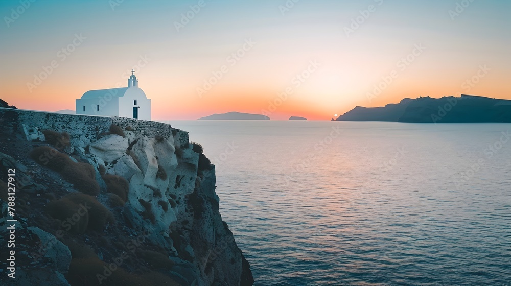 Serene Greek Chapel Perched on Cliff Overlooking Tranquil Mediterranean Sunset