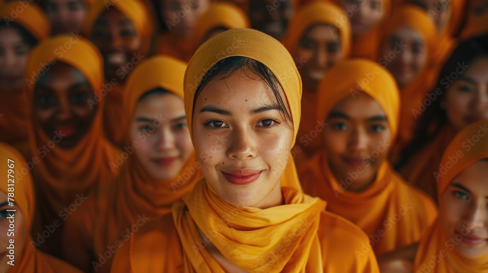 A group of people, including young women of different nationalities, are wearing yellow headscarves