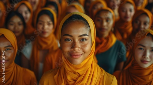 Group of women of different nationalities wearing yellow headscarves