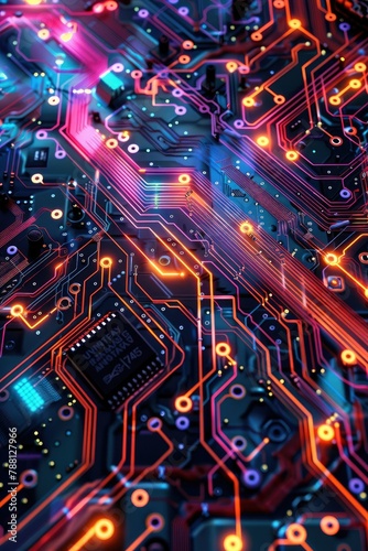 A circuit board, vibrant neon colors, black background. Generative AI.