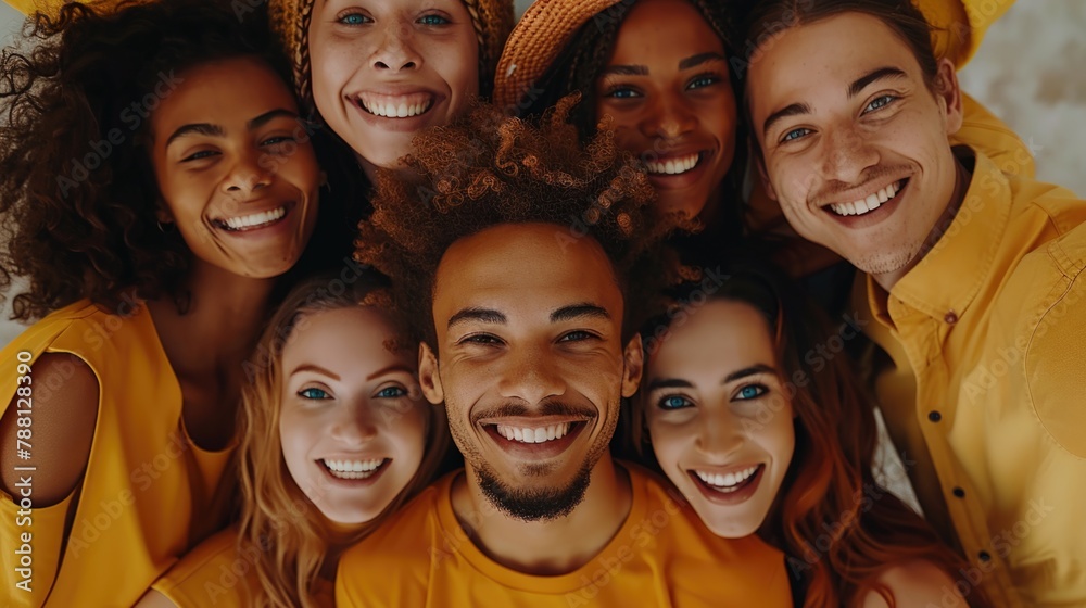 A diverse group of happy young individuals standing closely together A diverse group of happy young individuals standing closely together