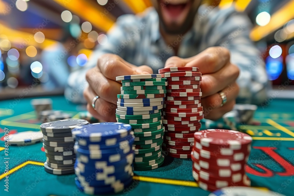 A man's hands intensely pulling a large stack of varied casino chips, signifying gaming and winning