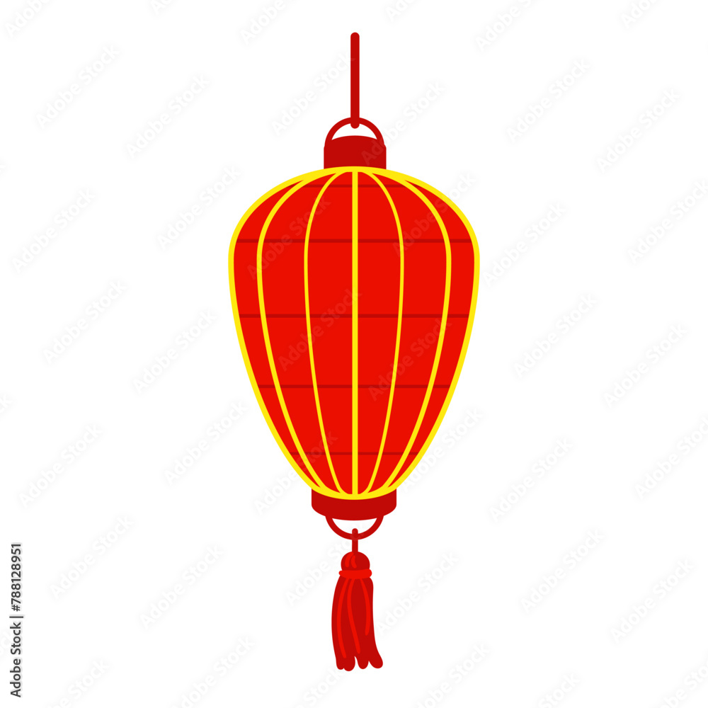 Obraz premium Chinese red paper lantern, reminiscent of cultural richness and festive atmosphere. Festive festival for good luck. Moon festival, elongated semicircular and decorative purposes. Vector isolated
