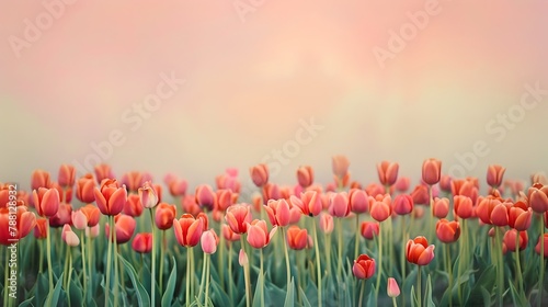 Vibrant Tulip Field Against Soft Pastel Backdrop Highlighting Minimalist Floral Beauty #788128932