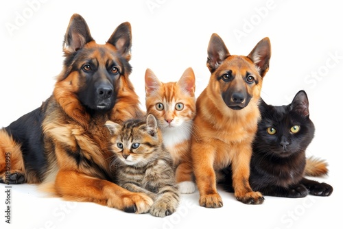 Assorted cats and dogs in studio setting on white background with room for text, high quality image