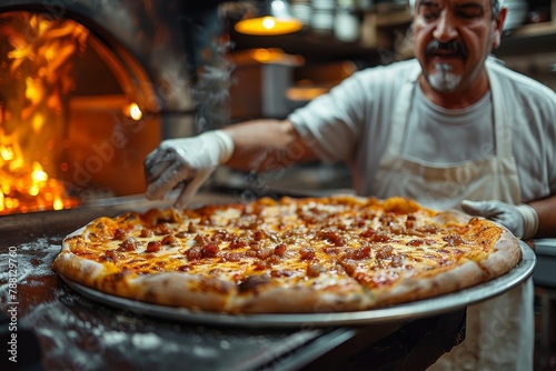 Chef holding a fresh pizza with a visibly blurred face  with a glowing wood-fired oven illuminating the background