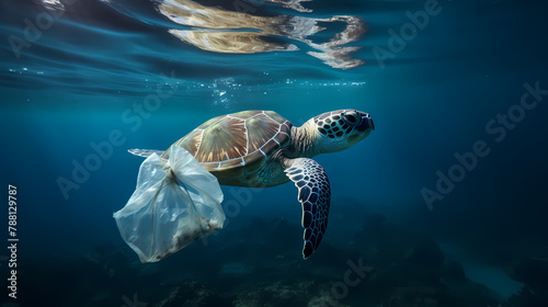 A sea turtle swimming in the sea with a plastic bag © jiejie