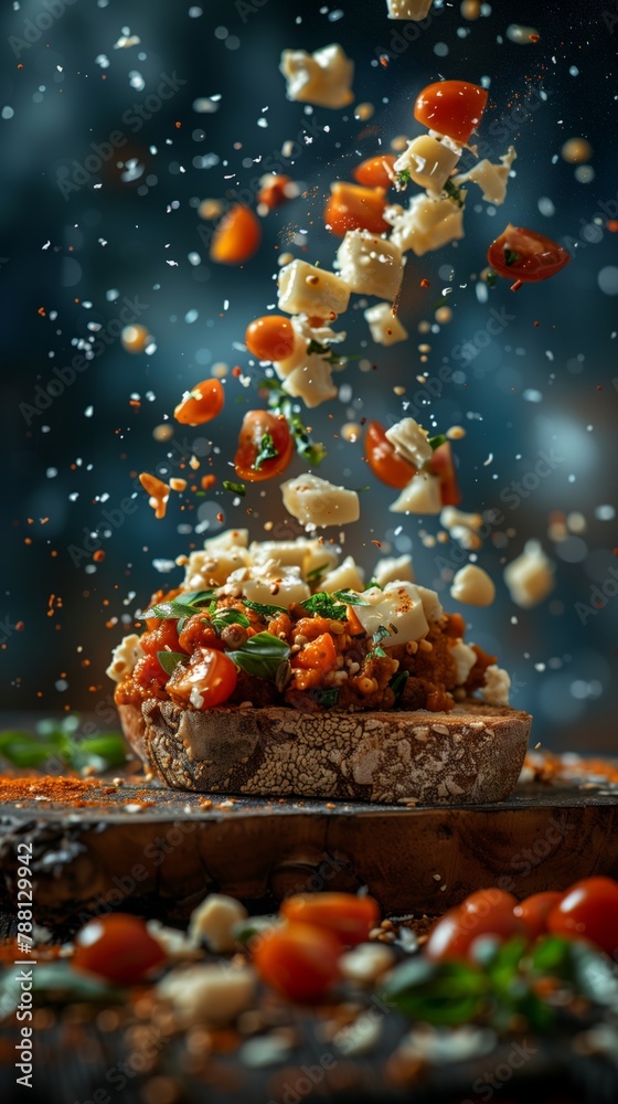 one delicious a slice of bread with lutenitsa (red paste of tomatoes and papers) topped with white cheesee crumble, floating in the air, cinematic, professional food photography