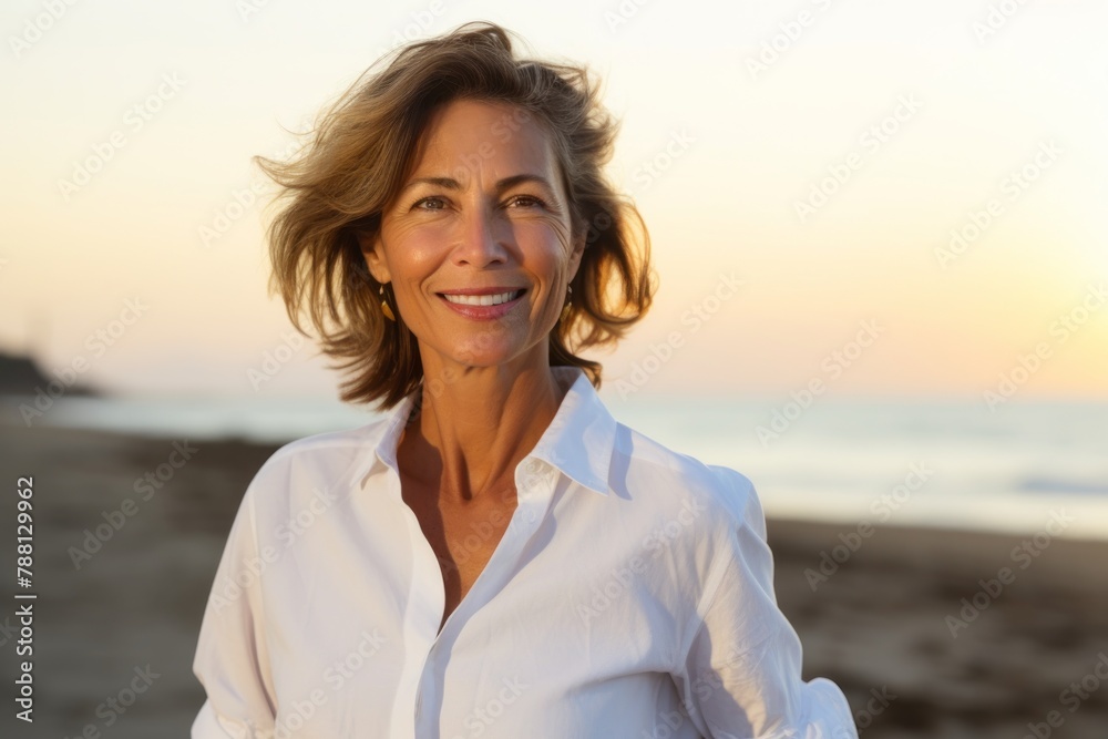 Portrait of a cheerful woman in her 50s wearing a classic white shirt in front of vibrant beach sunset background