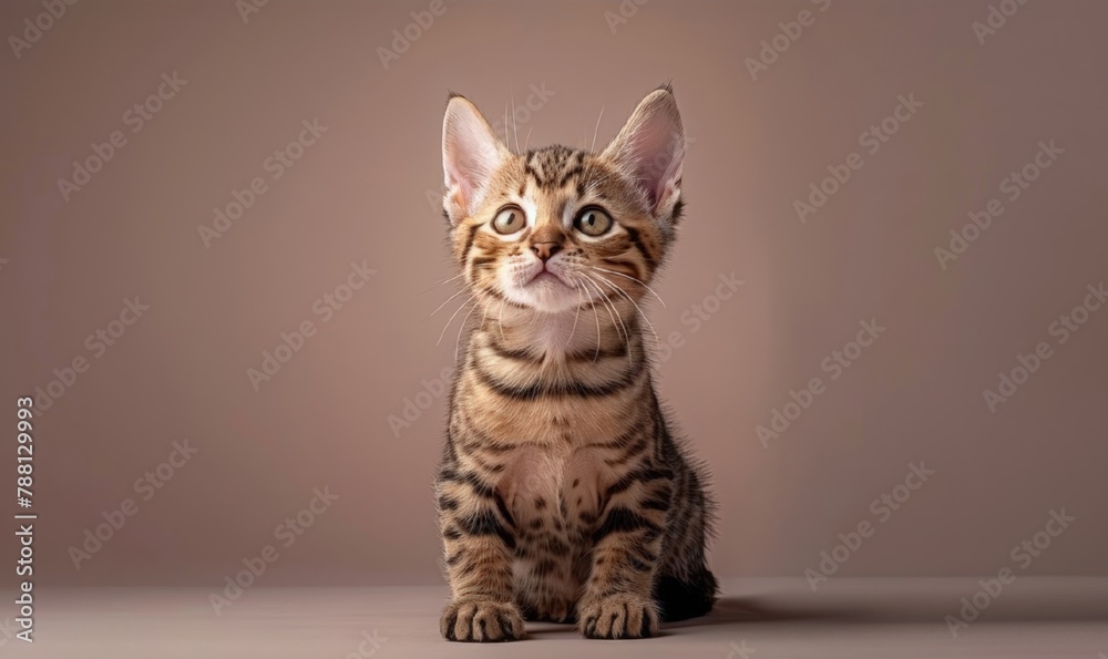 A kitten of the bengal breed against a gray pink background, detailed realism image. Close up cute baby cat. Greeting card, banner, poster. With free place for text. Veterinary clinic, pet shop. A kitten of the bengal breed against a gray pink background, detailed realism image. Close up cute baby cat. Greeting card, banner, poster. With free place for text. Veterinary clinic, pet shop.