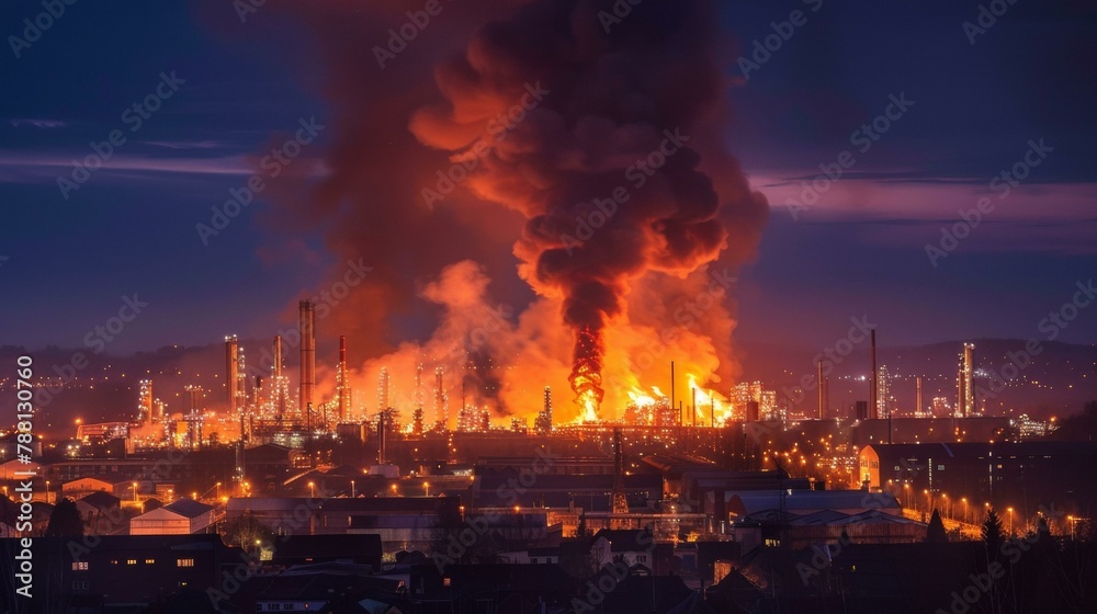 Dramatic industrial scene of large fire at oil refinery at dusk, with vibrant flames and thick smoke against twilight sky, evoking urgency and environmental themes.