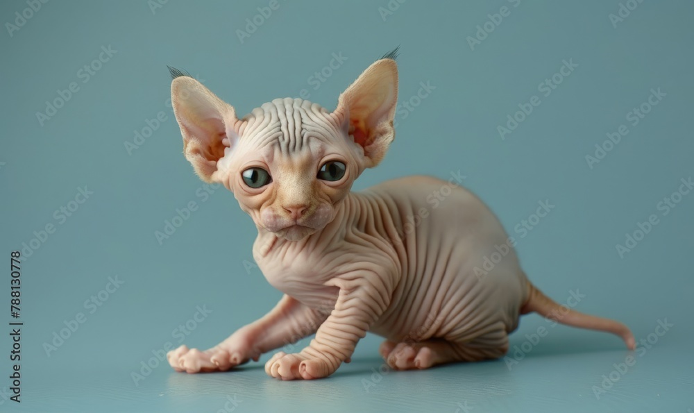 Kitten sphynx against a pastel blue background, detailed realism image. Close up cute baby cat. Greeting card, banner, poster. With free place for text. Veterinary clinic,  pet shop. world cat day.