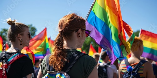 Vibrant group of people, rear view, carrying bright rainbow flags at Pride parade, symbolizing LGBTQ+ unity and celebration, sunny day. © BrightWhite