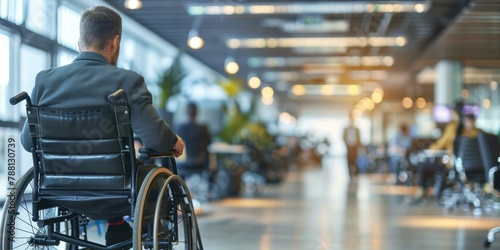 Inspiring man in wheelchair navigates bustling office space, highlighting workplace inclusivity, captured in vibrant corporate hues; symbolizes accessibility advocacy. Copy space.