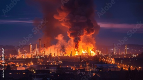 Dramatic industrial scene of large fire at oil refinery at dusk, with vibrant flames and thick smoke against twilight sky, evoking urgency and environmental themes.