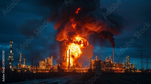 Dramatic industrial explosion at oil refinery under twilight sky, vivid orange flames contrasting with deep blue, symbolizing energy crises and environmental challenges.