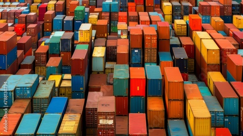 Vibrant shipping containers stacked, showcasing bustling global trade and logistics in myriad colors of red, blue, orange, and more, symbolizing industrial efficiency.