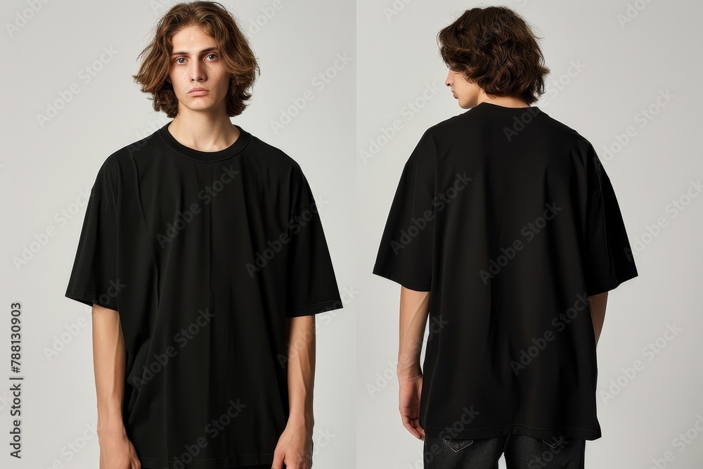 A young male model showcases a classic black t-shirt in both front and rear views, demonstrating the garment's fit and style on a neutral background.