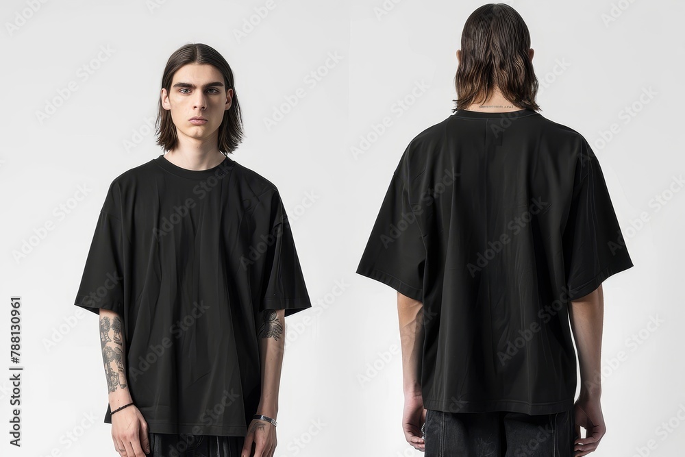 A young male model showcases a classic black t-shirt in both front and rear views, demonstrating the garment's fit and style on a neutral background. A young male model showcases a classic black t-shirt in both front and rear views, demonstrating the garment's fit and style on a neutral background.