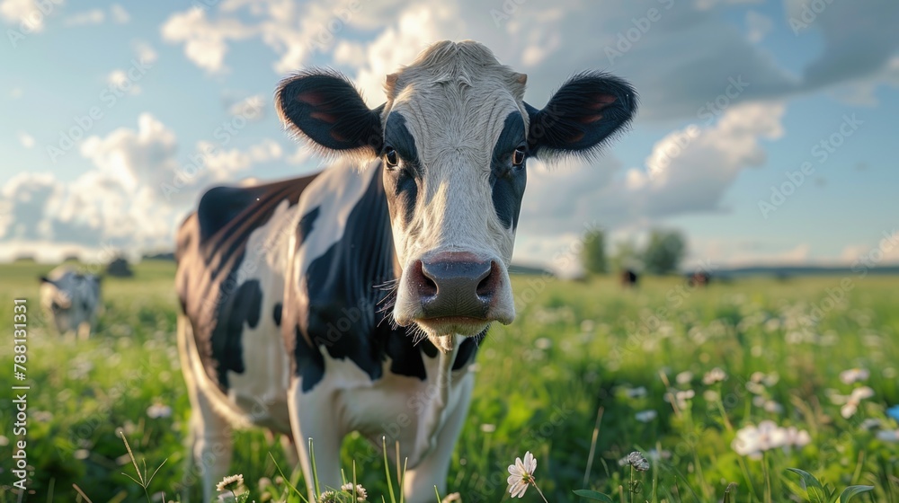 Black and white cow on lush green field