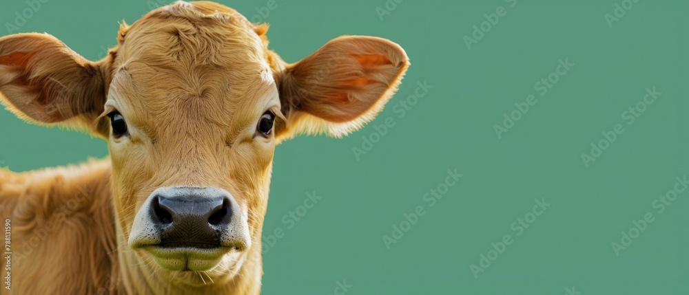 Brown cow staring at camera with green background Brown cow staring at camera with green background
