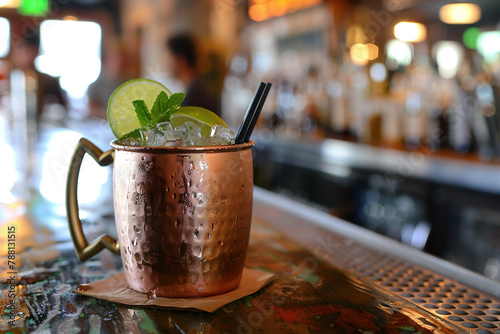 close up horizontal image of a moscow mule cocktail on a bar