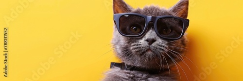 Cool cat wearing sunglasses on yellow background © Boomanoid
