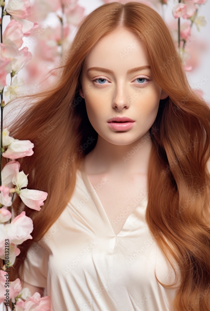 A woman with long red hair is wearing a pink floral dress A woman with long red hair is wearing a pink floral dress