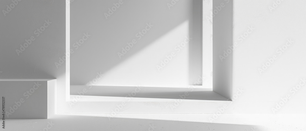 Asymmetrical composition in a simple minimalist room mockup gives the impression of a three-dimensional room environment with soft bright white nuances Asymmetrical composition in a simple minimalist room mockup gives the impression of a three-dimensional room environment with soft bright white nuances