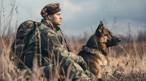 Ukrainian soldier with German shepherd dog outdoors. photo